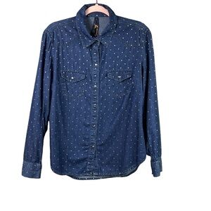 Seven7 Snap Down Blouse Women's Size Large Dark Blue Glitter Dots Western Style